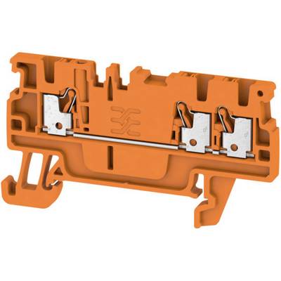Orange terminal block with metal components, used for electrical connections. Contains two springs for wire securing.