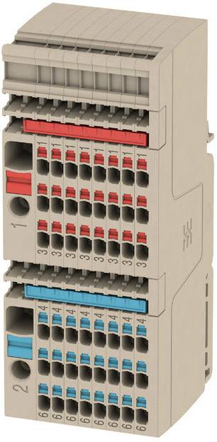 A modular electrical connector with colour-coded terminals in red and blue, numbered from 1 to 12.