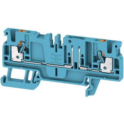 Blue plastic terminal block module with metal parts and orange terminals. Used for electrical connections.