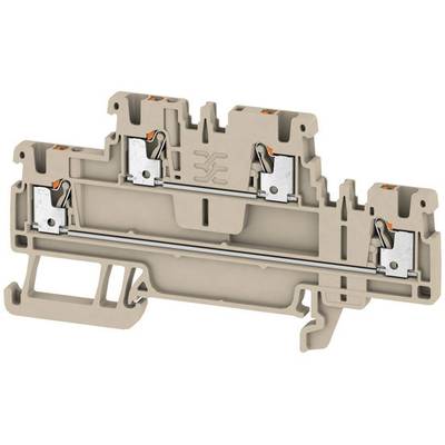 Beige terminal block, with multiple ladder connections for electrical connections. Top and bottom surfaces contain metallic terminals.