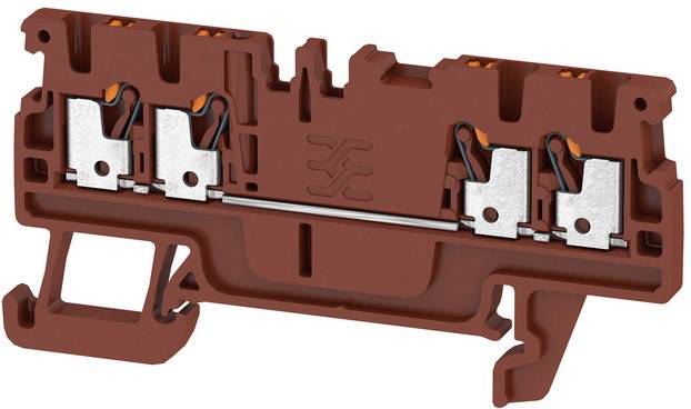 Electrical terminal strip in red with silver contacts and levers, suitable for mounting in electrical control cabinets.