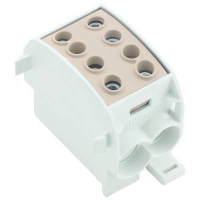 White plastic connection clamp with six connection points, suitable for electrical installations, showing screw terminal openings.