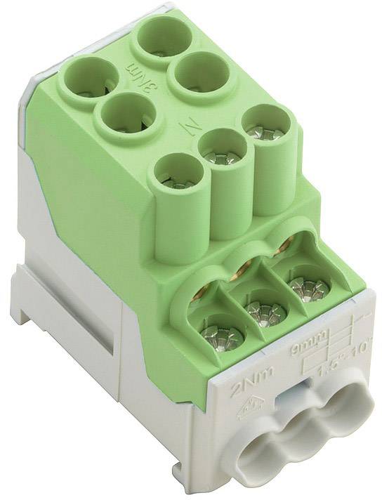 Green electrical connector with six terminals, suitable for cable connections in electrical installations.