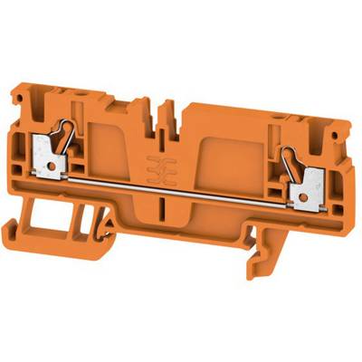An orange plastic terminal block with two metal terminals used for cable fastening.