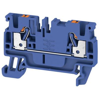 Electrical terminal block in blue, with metal contacts and spring mechanism for cable securing. Suitable for panel mounting.