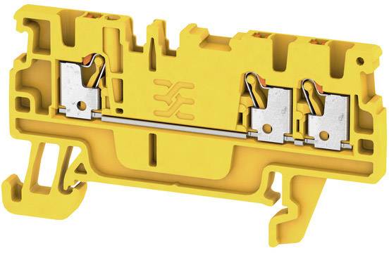 A yellow, modular terminal block with two connection points and an integrated metal hinge. Designed for electrical connections.