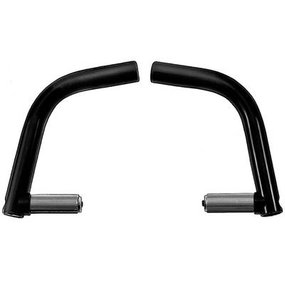 Two black bicycle handlebars, reflecting each other, point inwards. They are made of metal with textured grips at the ends.
