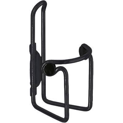 A black metal bicycle bottle holder with a mounting bracket for attaching to the bicycle frame.