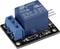 Blue relay module, suitable for 5V control systems with outputs for alternating current and direct current, mounted on a black circuit board.