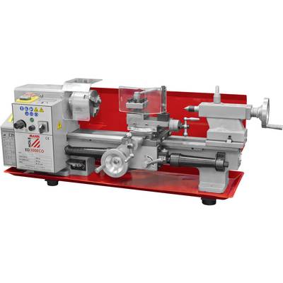 A red, compact lathe with control panel on the left, chuck and tool holder in the centre, spindle drive on the right.