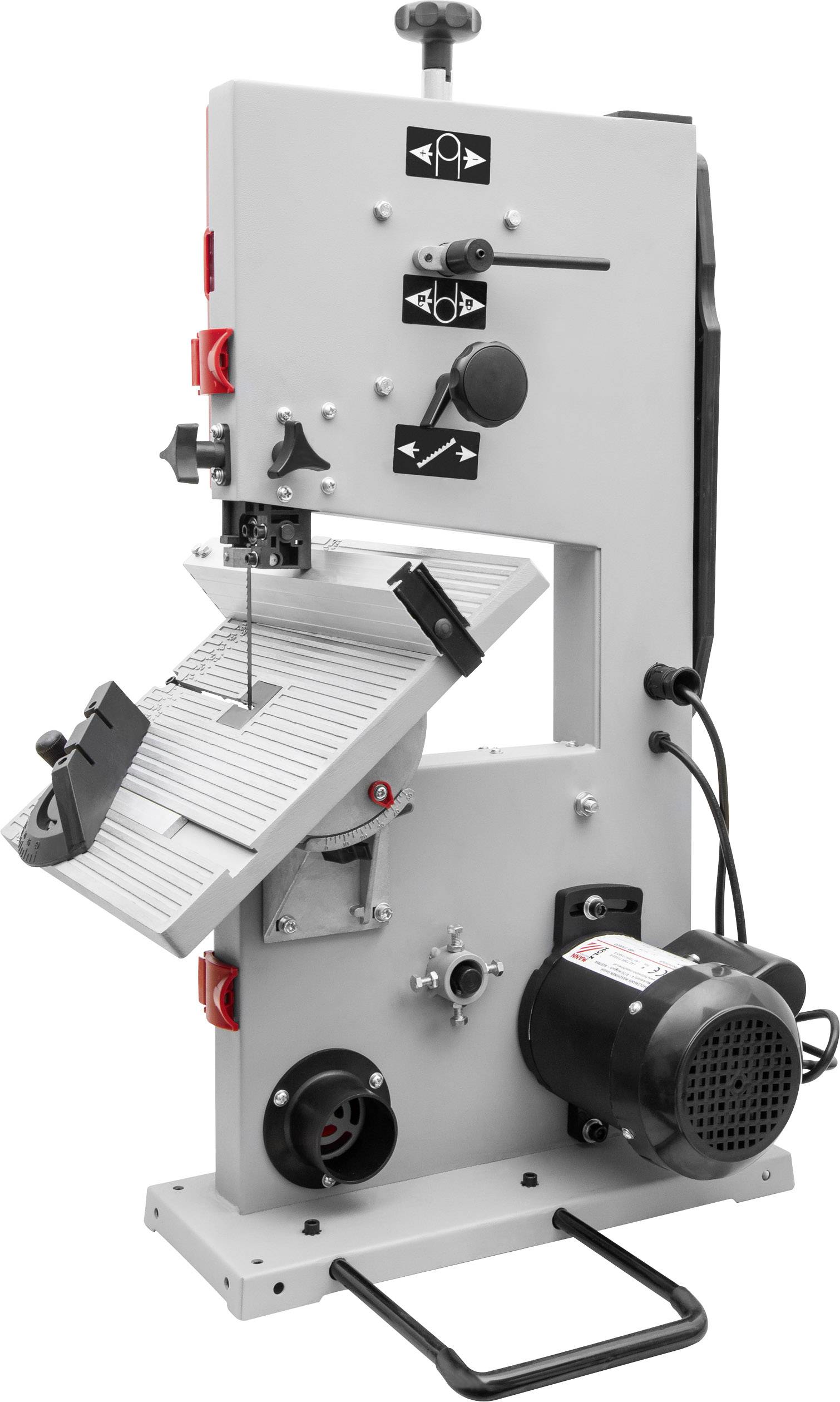 A vertical bandsaw with an adjustable worktable, suitable for precision cutting work in workshops.