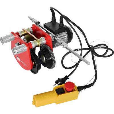 A red hoist with cable and yellow remote control, suitable for lifting heavy loads in industrial applications.