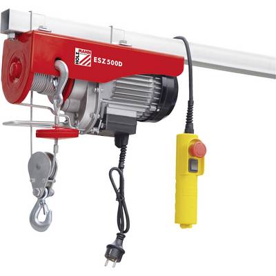 Red electric winch with the label 'HOLZMANN ESZ500D', hook and yellow remote control, mounted on a metal rail.