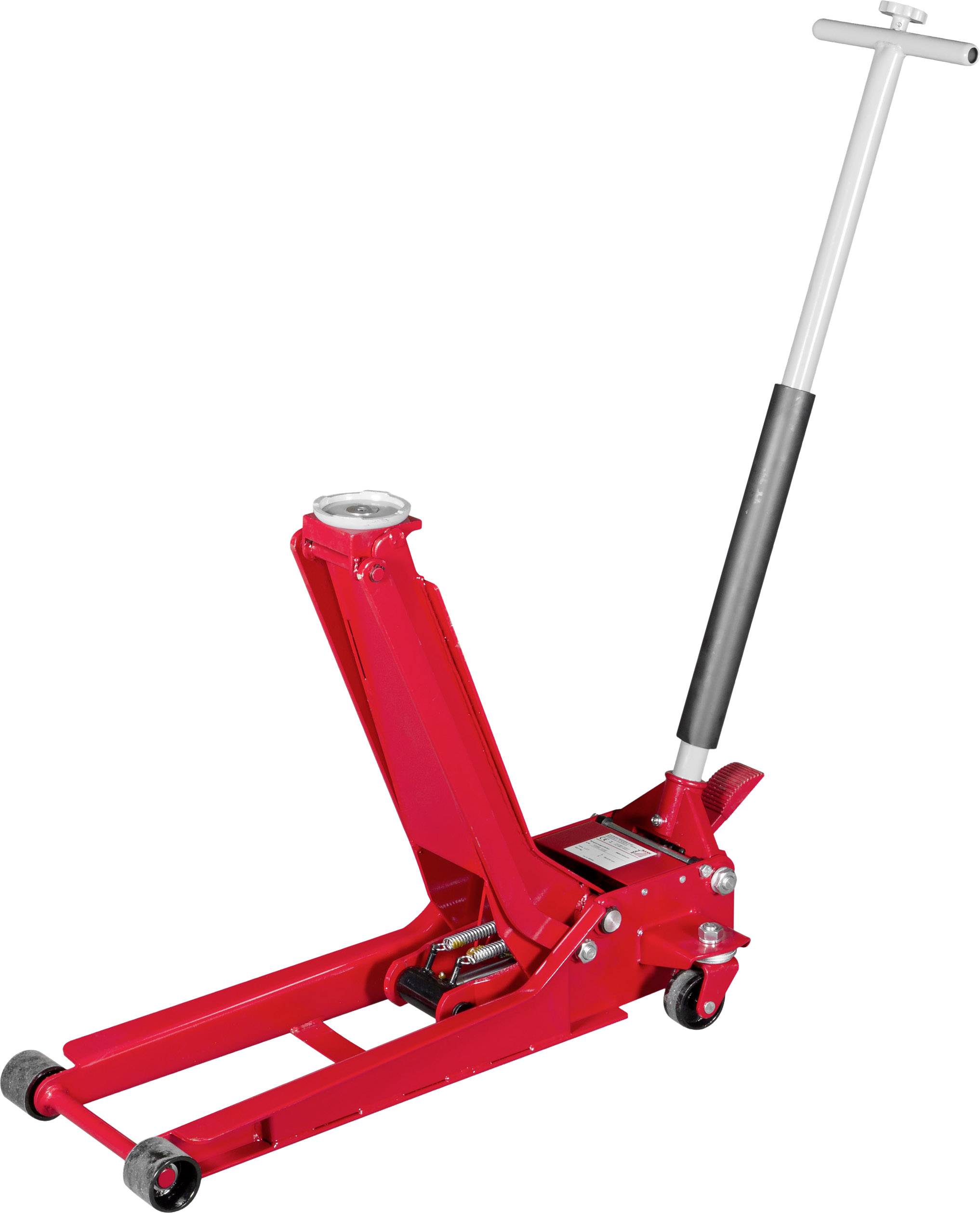 Red hydraulic jack with lever arm, mounted on wheels, used for lifting vehicles or heavy loads.