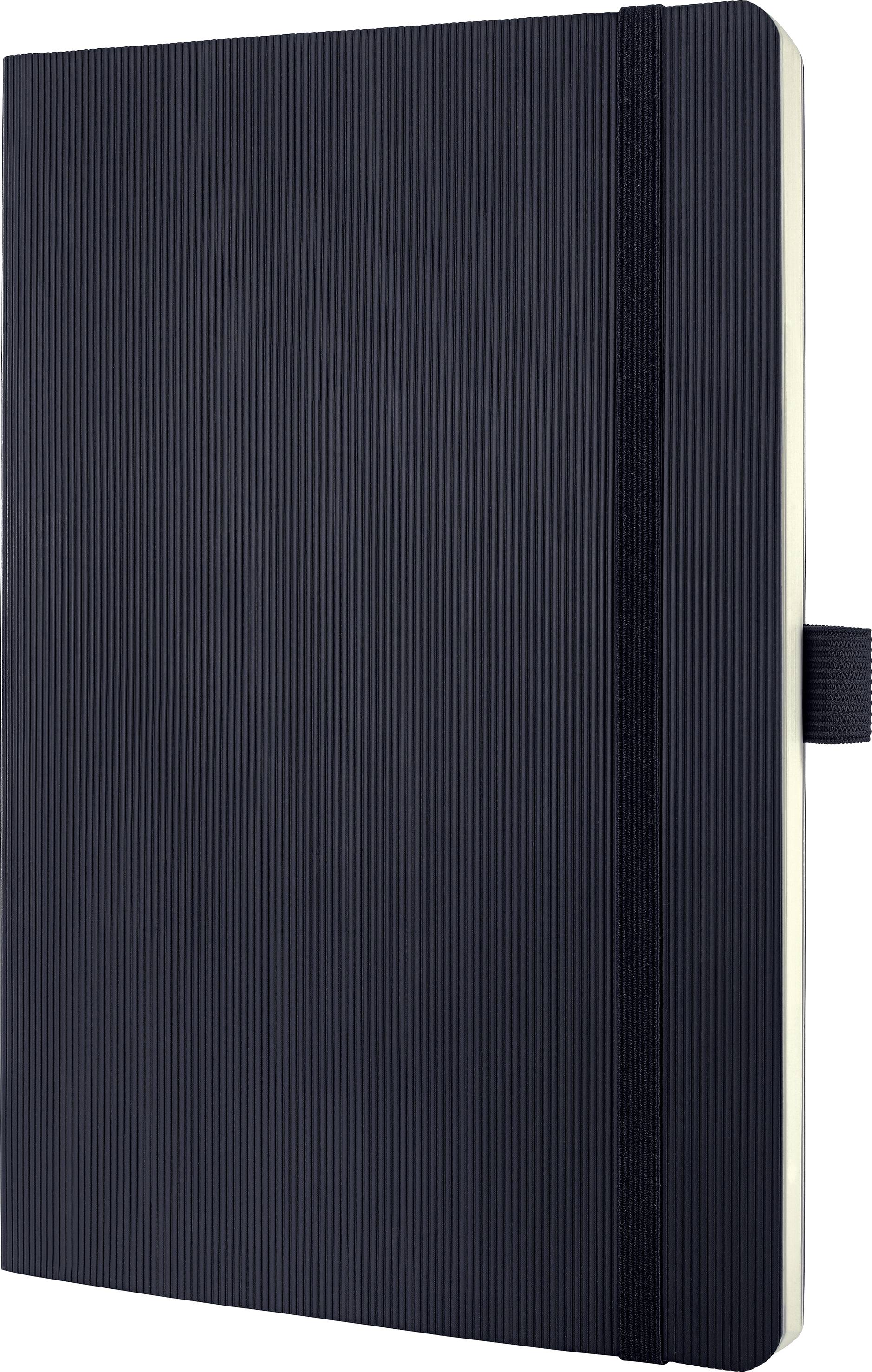 A black, lined notebook with an elastic closure band and a pen loop on the side.