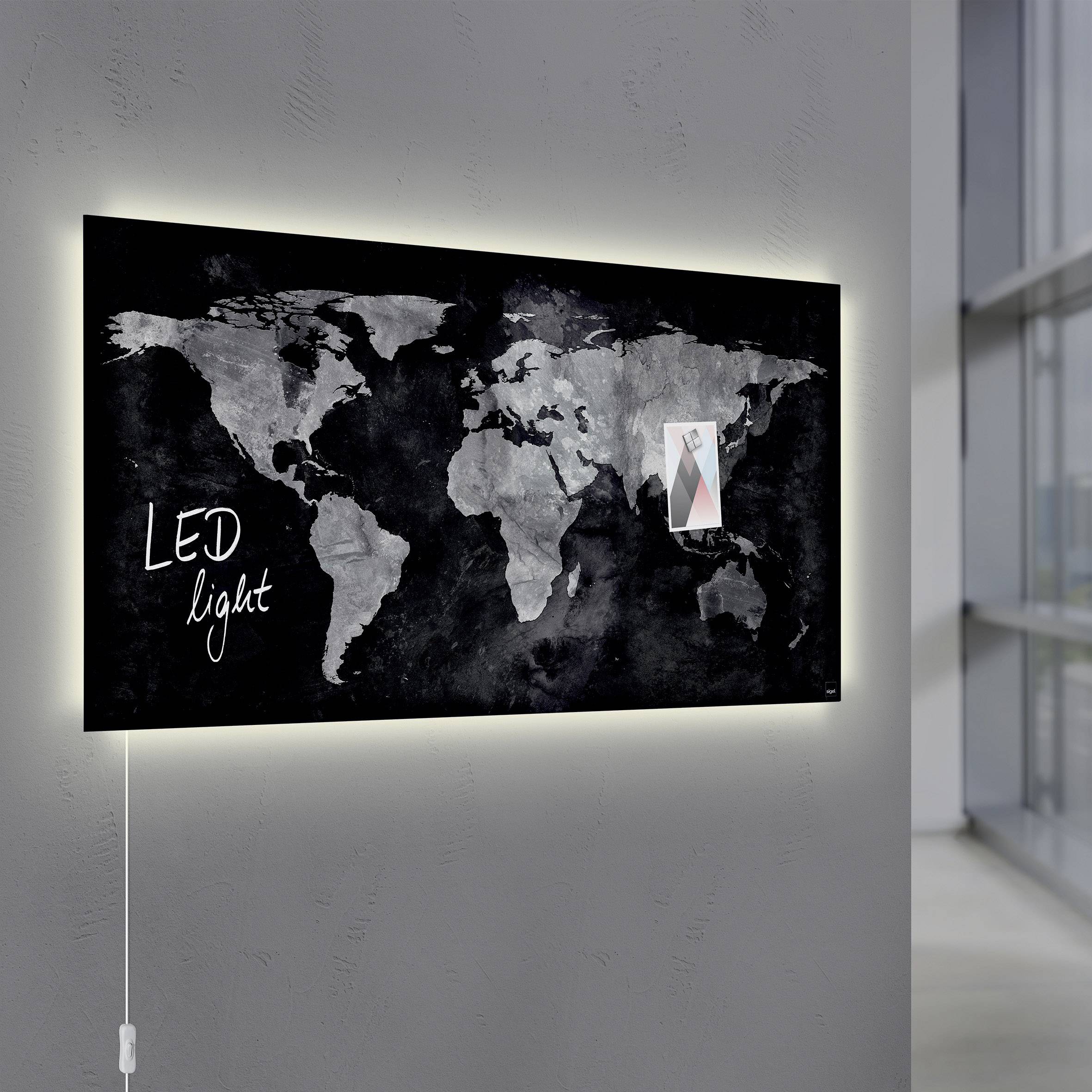 Sigel LED-lit glass board Artverum World Map LED Light Black (W x 91 cm x 46 | Conrad.com