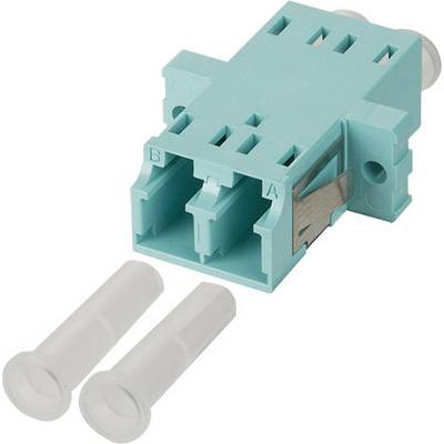 'LC-Duplex Fibre Optic Coupling with Two Protective Caps, Teal. Suitable for Fibre Optic Connections.'