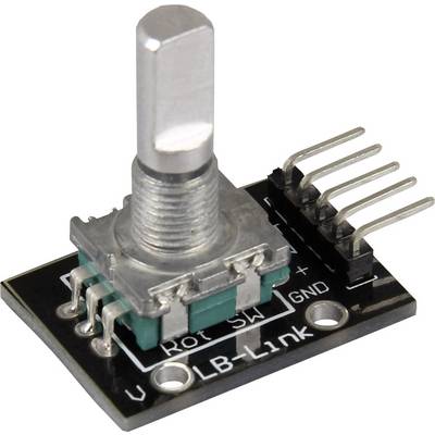 A rotary encoder mounted on a circuit board with multiple connection pins, commonly used in electronic projects for detecting rotational movements.
