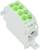 A green electrical connector block with five inputs, mounted in a white housing, for use in electrical installations.