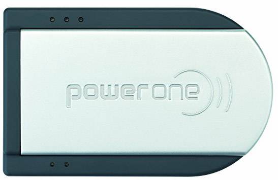 A hearing aid charger by Power One with an oval design, featuring the 'power one' text and a stylised wave symbol.