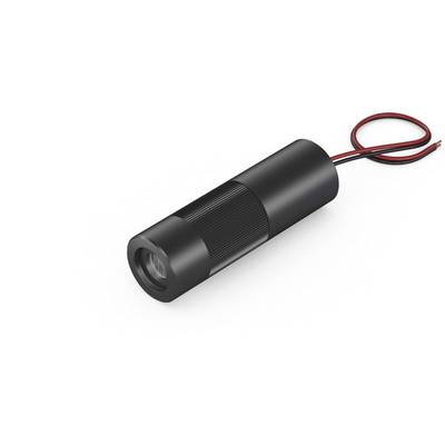A black cylindrical LED light source with two red and black power cables at one end.