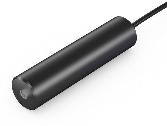 Black cylindrical sensor with cable connection, likely an optoelectronic device for distance measurement or detection.