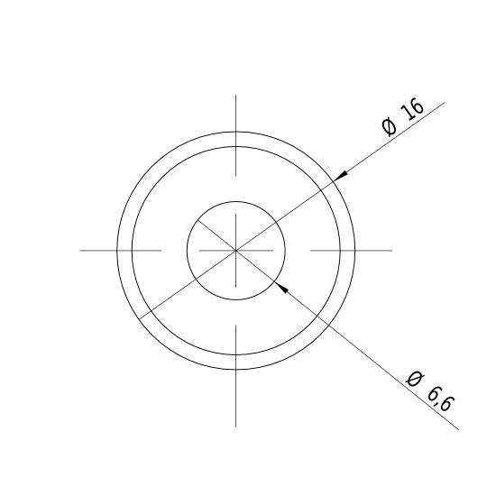 Technical drawing of a circle with two diameters. Outer diameter: 16 mm, inner diameter: 6.6 mm.