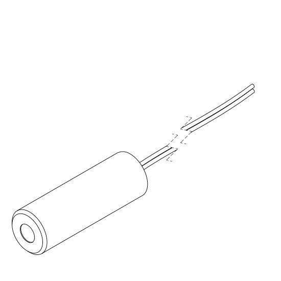 Drawing of a cylindrical electromagnet with two cables extending from one side.