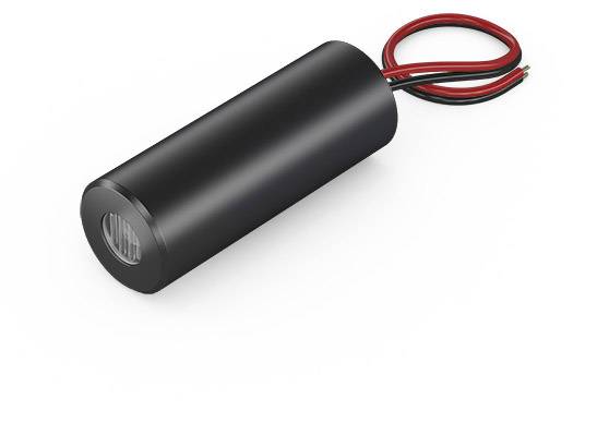 A cylindrical, black speaker with red and black power cables.