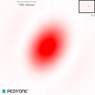 Red light spot, irregularly shaped, on white background. Scale shows 150 micrometres. Company logo bottom left.