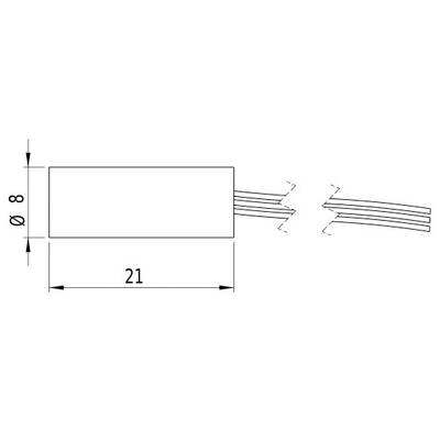 Diagram of a cylindrical object with a diameter of 8 and a length of 21. Shows cables protruding from one end.