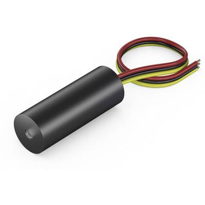 Black cylindrical sensor with red, yellow, and black cables for electronic applications.