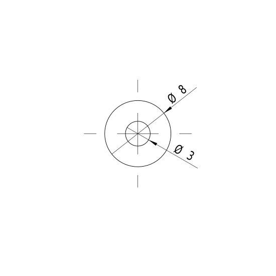Technical drawing shows two concentric circles with diameter specifications: outer circle Ø 8, inner circle Ø 3.