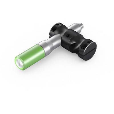 Industrial torque wrench with a green handle and black components, used for precise tightening control of screw connections.