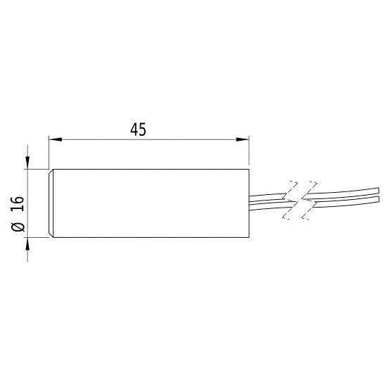 Technical drawing of a cylindrical component with a diameter of 16 mm and a length of 45 mm, two cable connections.