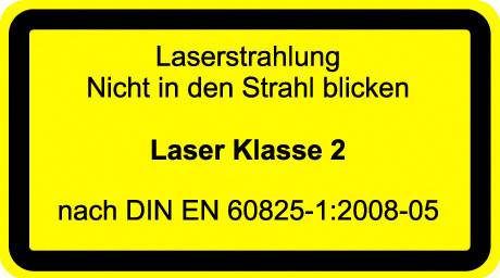 'Laser radiation. Do not look into the beam. Laser Class 2 in accordance with DIN EN 60825-1:2008-05.' Warning sign.