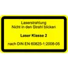 'Laser radiation. Do not look into the beam. Laser Class 2 in accordance with DIN EN 60825-1:2008-05.' Warning sign.