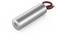 Cylindrical metal body with two protruding red and black cables at one end. Potentially an electronic component.