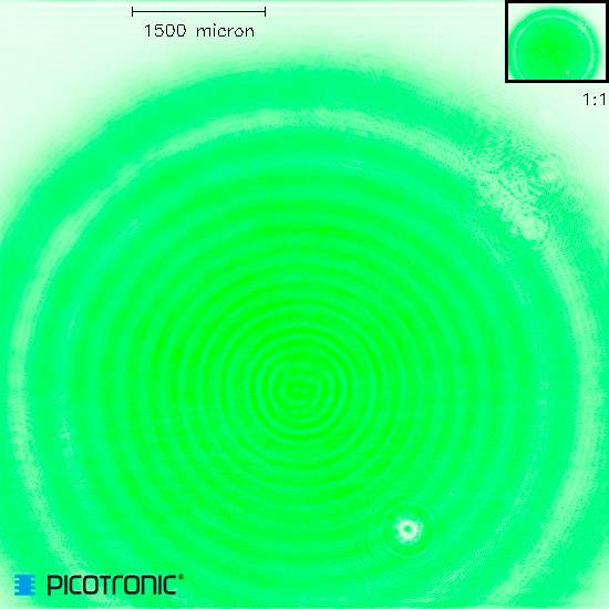 A green interference pattern image shows concentric circles with a centred, brighter point. Scale: 1500 micrometres.