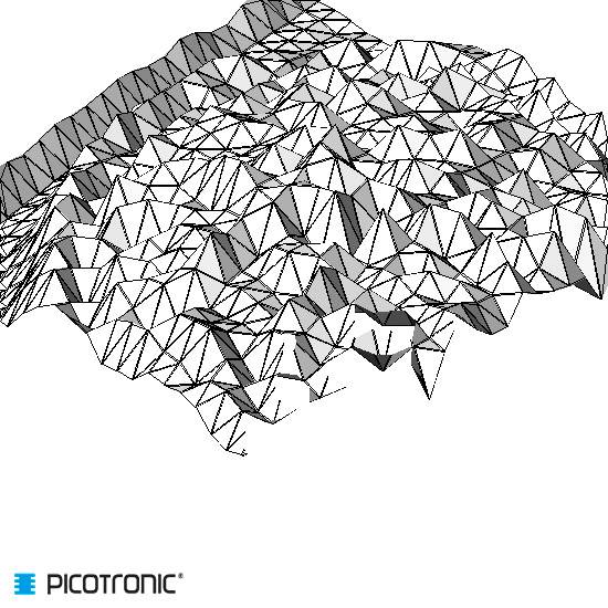 Wire frame model of an irregular 3D terrain with 'Picotronic' logo in the corner.