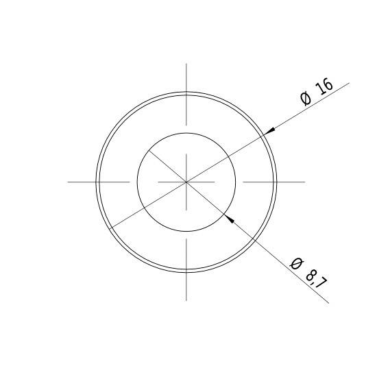 Technical drawing of a circle with diameters Ø 16 and Ø 8.7, with marked intersection points and lines.
