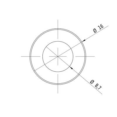 Technical drawing of a circle with diameters Ø 16 and Ø 8.7, with marked intersection points and lines.