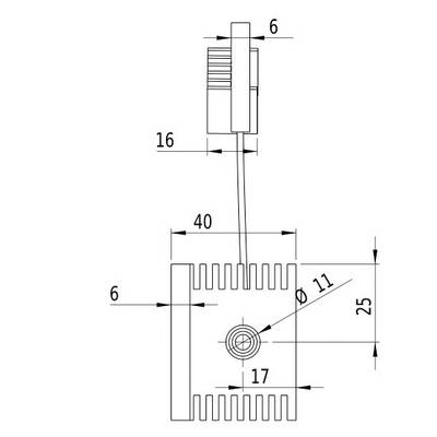 Technical Drawing of a Heat Sink with Dimensions: 40 mm width, 25 mm height, 6 mm fin length. Pin with a diameter of 11 mm.