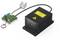 Black laser with heatsink, connected to a circuit board with potentiometer, shows the electrical configuration of a laser module.
