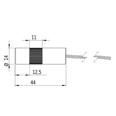 Sketch of a cylindrical component with dimensions: length 44 mm, diameter 14 mm, cable length on the right side.