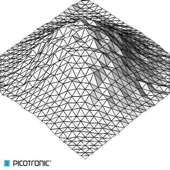 Three-dimensional grid model of an irregular surface. It illustrates height differences through a network of triangles.