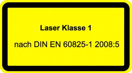 Yellow warning sign with the inscription 'Laser Class 1 according to DIN EN 60825-1 2008:5', indicating laser safety standards.
