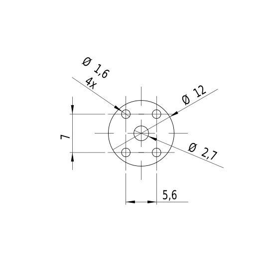 Technical drawing of a disc-shaped component with five central circular holes, dimensioned for diameter, spacing, and number of holes.