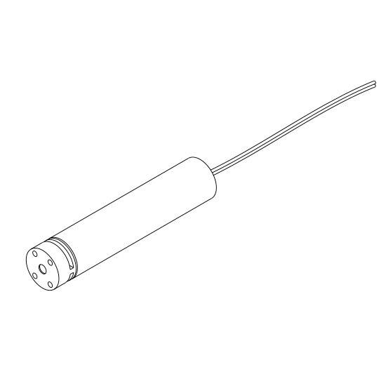 A cylindrical sensor with a cable, presumably a waterproof pressure sensor, with a cylindrical housing and holes at one end.