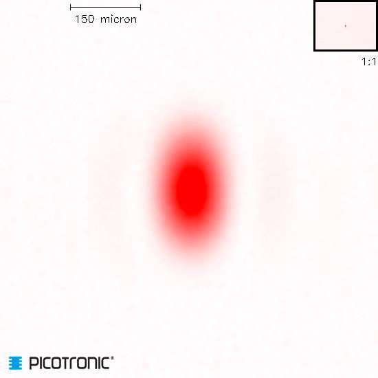 Red glowing point at the centre of a white background with blurred edges. Scale indication of '150 micron' located top left.